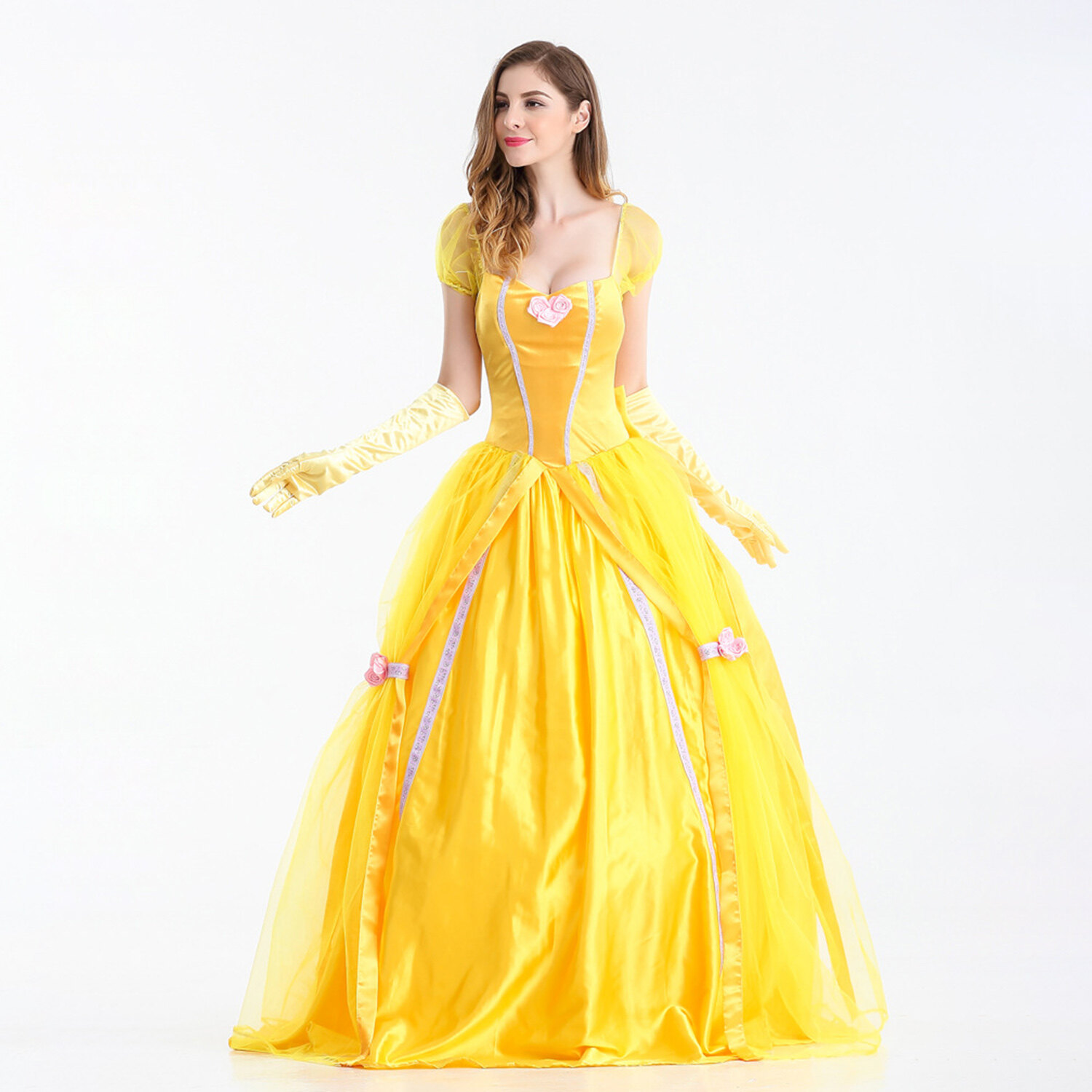 HAWEE Princess Belle Costume for Women, Halloween Adult Yellow Dress up with Gloves Petticoat